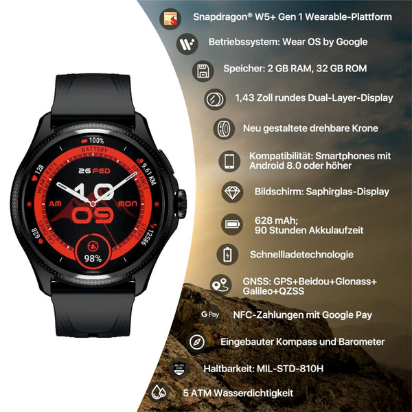 Mobvoi TicWatch Pro 5 Enduro Smartwatch Fitnessuhr Android Wear OS 90 Std. Akku Saphirglas