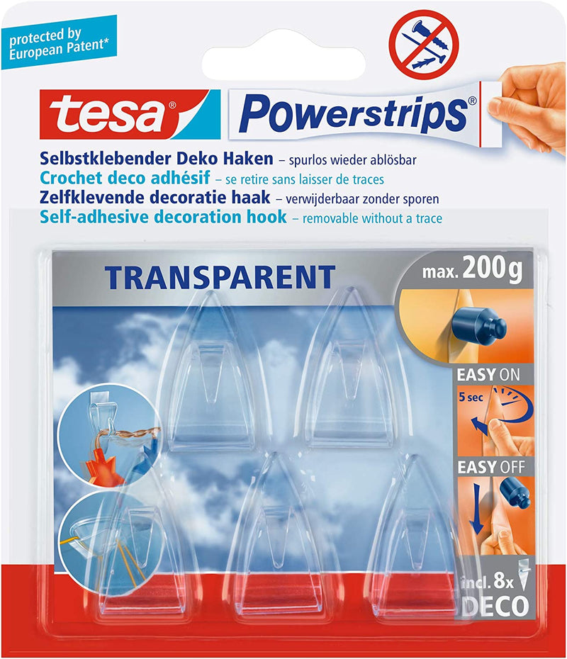 tesa Powerstrips Deco Haken Klebehaken Transparent 5 Stück mit 8 Powerstrips